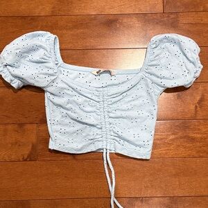 SO Sky Blue Eyelet Puff Sleeve Crop Top